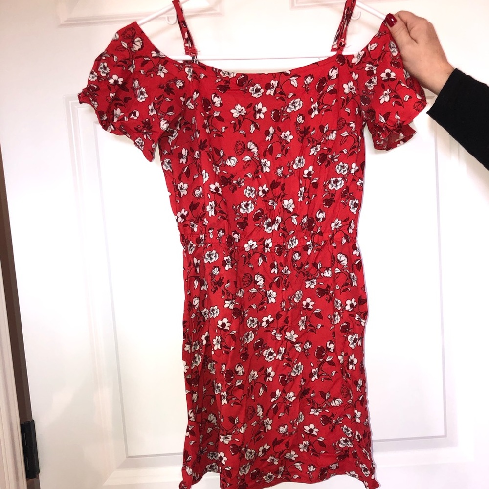 Off the shoulder floral dress.